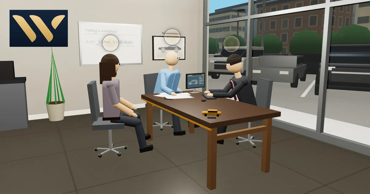 A 3D dealership desk seen across the showroom floor: three figures sit around a dark wood table holding a deal sheet and a small yellow model car, a whiteboard behind them reads Today's schedule, 2:00 John Walker, and the glass frontage looks out on trucks parked in the lot.