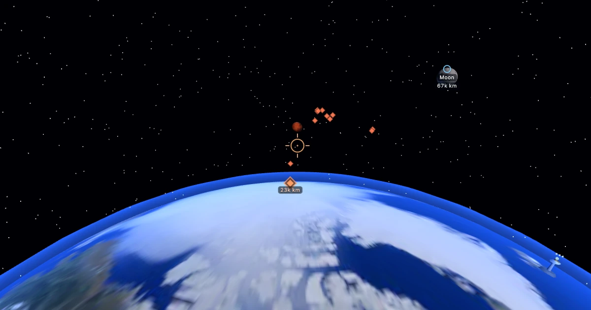 A ship's-eye view in low Earth orbit: Earth's blue and white limb curves across the bottom of the frame, Mars sits ahead as a small ruddy disc with the targeting reticle just below it, and orange diamonds mark the incoming Martian raiders across a deep starfield.