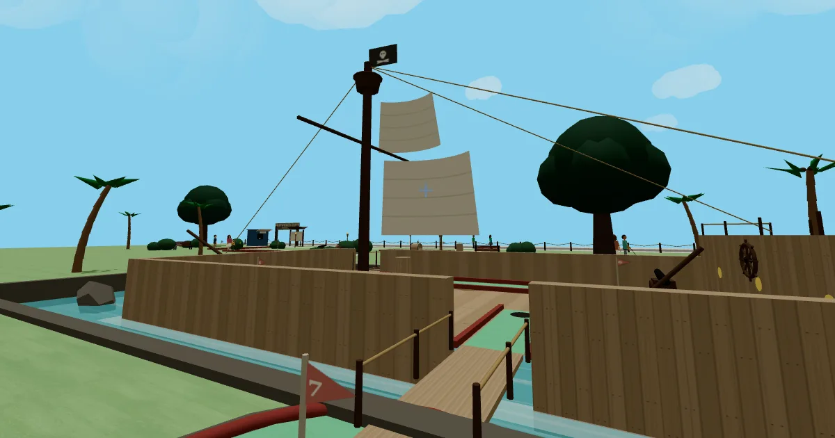 A 3D pirate mini golf course in Ocean City, with a pirate ship at its center.