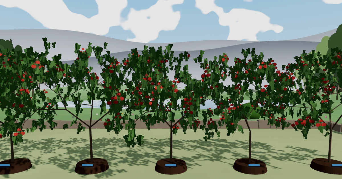 Five fractal fruit trees in full summer leaf, their canopies heavy with red fruit, standing on dark mulch mounds in a walled garden plot. Each trunk has a small blue water gauge at its base. Behind the wall a pale lake sits below gray rolling hills, under a blue sky with white clouds.