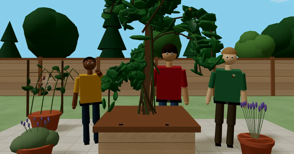 A 3D close-up of a Confederate Jasmine in a cedar planter box, with three kids peering through the leaves in search of the bugs living there.