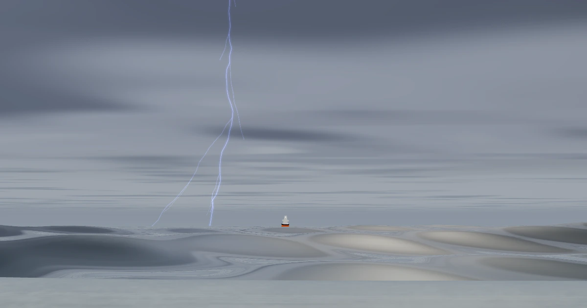A view out to sea under a low gray storm sky, with a branching fork of lightning coming down to the horizon and a small orange and white navigation buoy standing in the heaving gray swell.