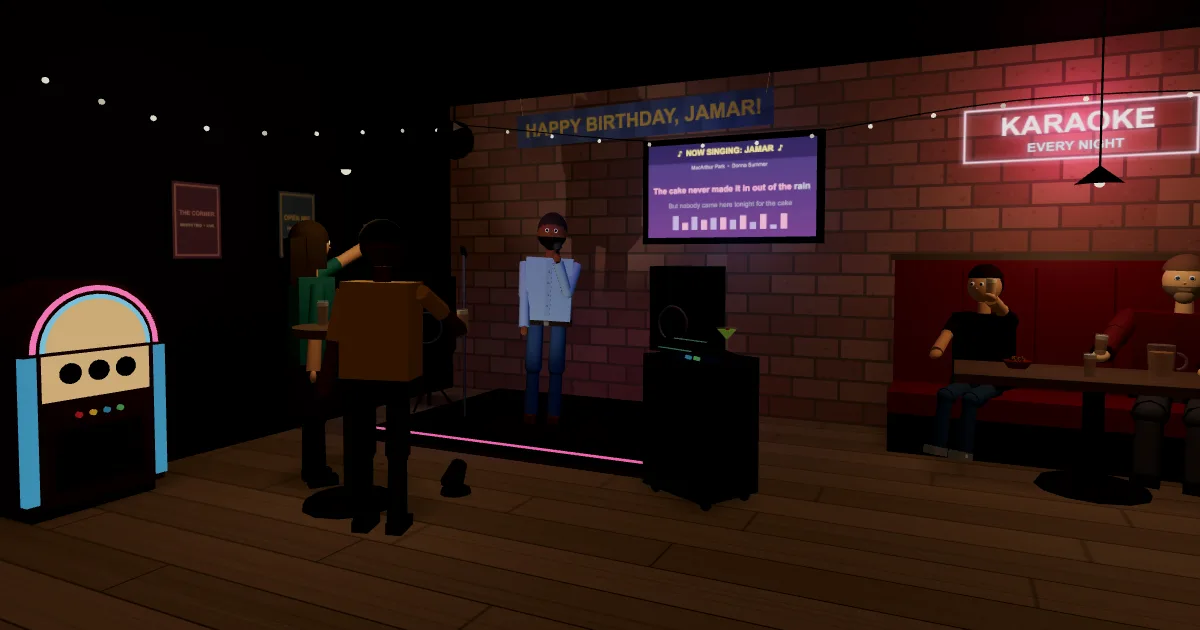A 3D karaoke bar at night: Jamar sings on the corner stage under a happy birthday banner while friends raise glasses from a red vinyl booth.