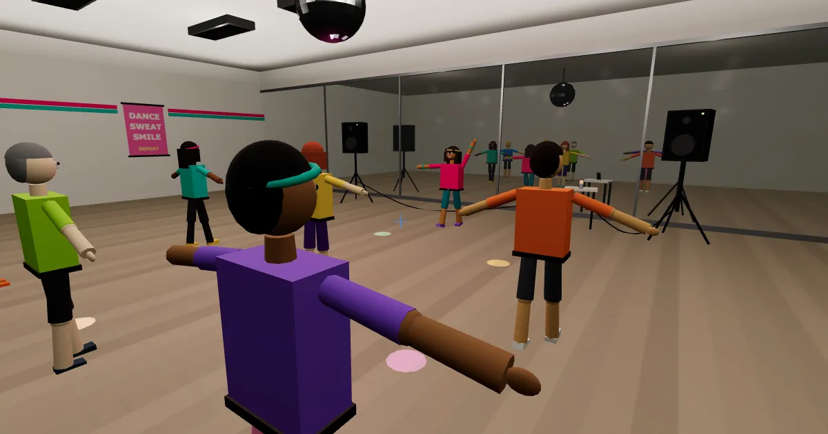 A joyful 3D Zumba class with dancers mid-step and a disco ball overhead.