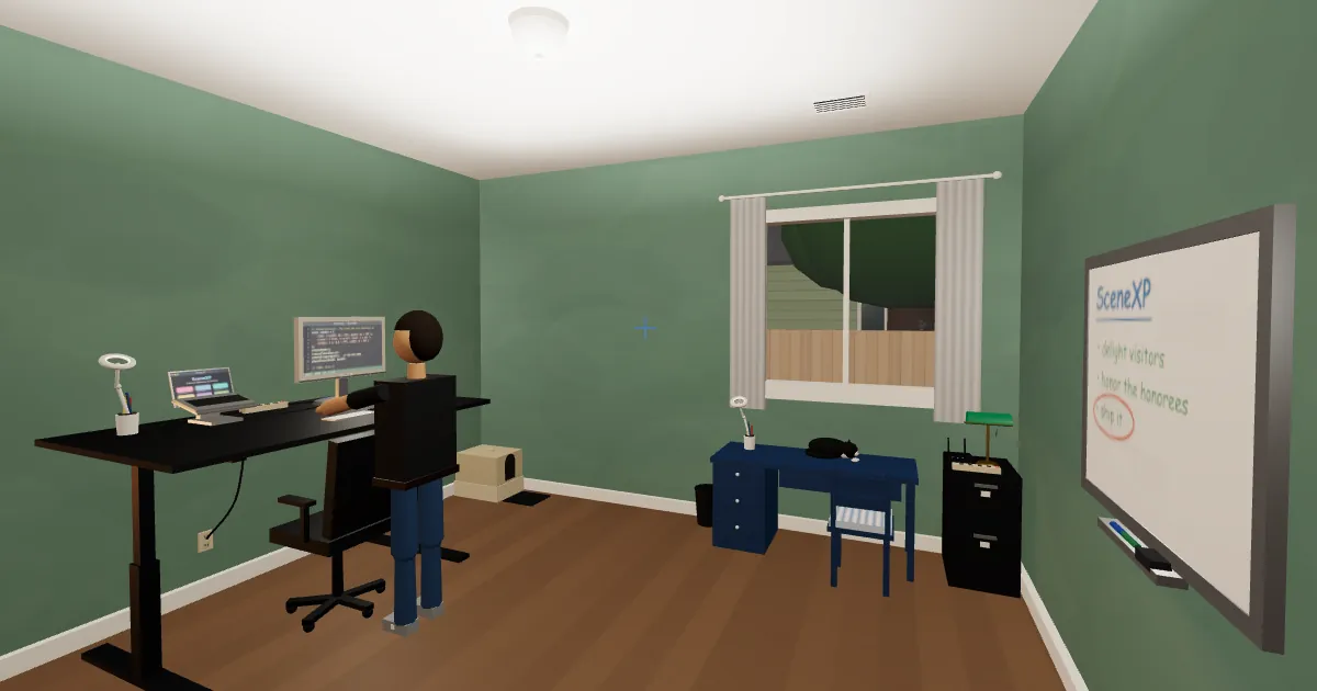 Steve's 3D home office: he stands at his sit-stand desk working on SceneXP code while a tuxedo cat sleeps by the window.