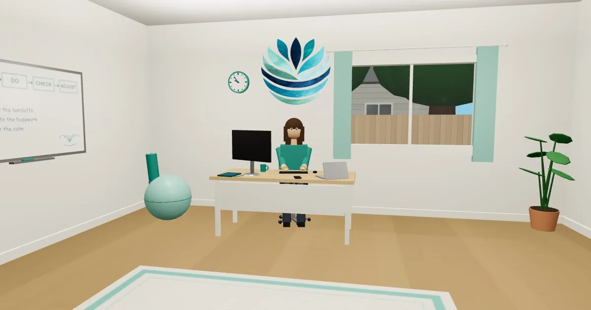 A bright 3D home office: Jenn works at a light oak desk facing the doorway, the week's plan fills a whiteboard on one wall, a teal clock hangs above her monitor, and a sunny window looks out on a cedar fence and trees.