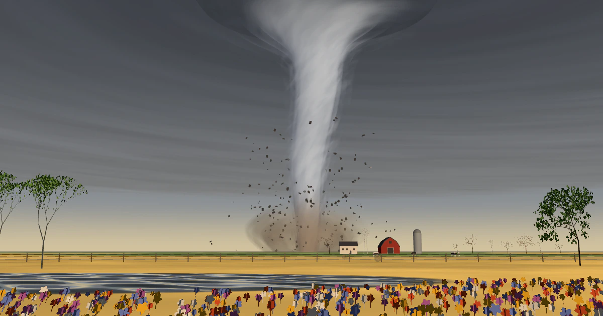 A pale tornado reaching down from a dark, turning storm base to a cloud of dust and flying debris, just left of a small farm with a red barn, across golden fields with wildflowers in the foreground.