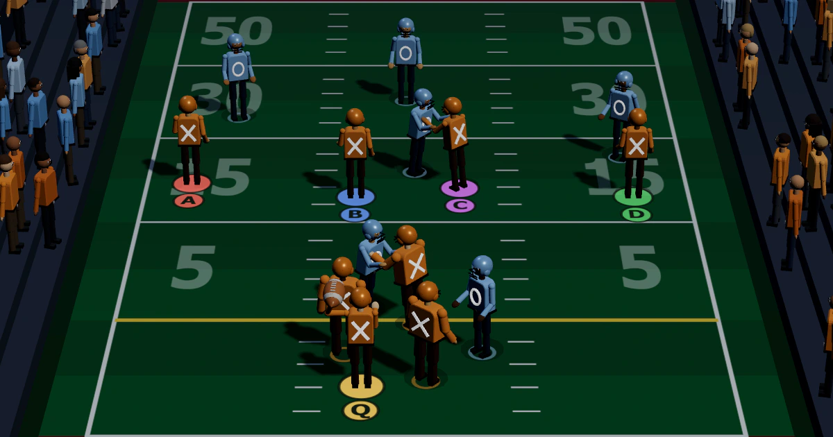 A 3D football field seen from high behind the offense in the middle of a play. Orange players with a white X on their jerseys run routes against blue defenders marked O, with lettered rings A to D under the receivers and Q under the quarterback. The 5, 15, 30 and 50 point lines are painted across the green turf, and fans in orange and blue fill the stands on both sides.